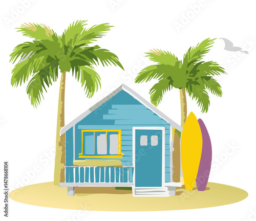 Tropical beach hut illustration with palm trees and surfboards, set on a sandy island with a seagull in the background — perfect for vacation, coastal lifestyle, and surf culture themes

