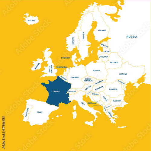France vector map, Europe, vector map silhouette illustration isolated on Europe map. Editable blank vector map of Europe. 
