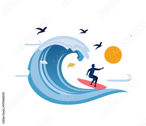Minimal illustration of a surfer riding a giant ocean wave with birds and the sun in the sky, perfect for summer, surfing culture, adventure, and coastal lifestyle themes


