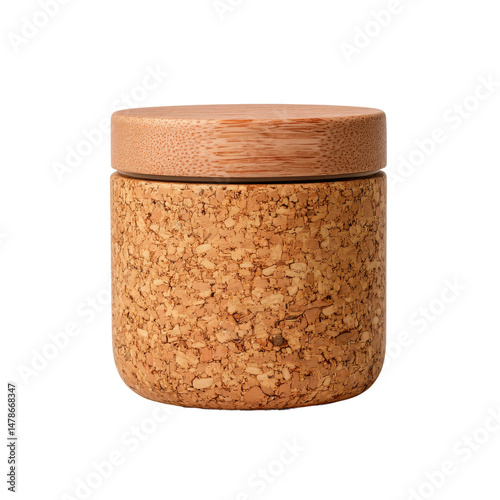 A small cork jar with a wooden lid, showcasing the beauty of natural materials. This jar is perfect for storing small items, providing a stylish and eco-friendly storage solution