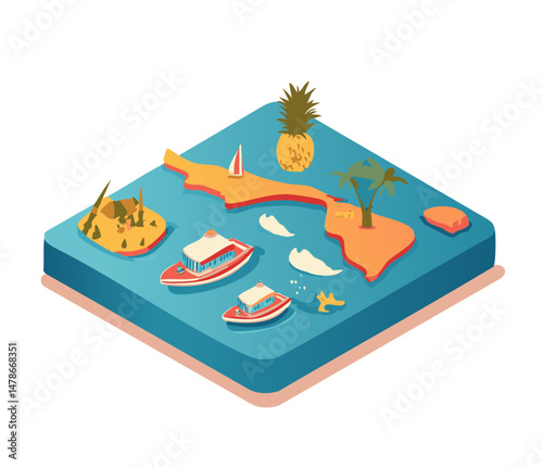Playful illustration of Hawaii islands with tropical elements like palm trees, boats, umbrellas, and beaches, perfect for travel, vacation planning, and island adventure themes


