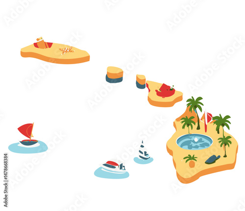 Playful illustration of Hawaii islands with tropical elements like palm trees, boats, umbrellas, and beaches, perfect for travel, vacation planning, and island adventure themes

