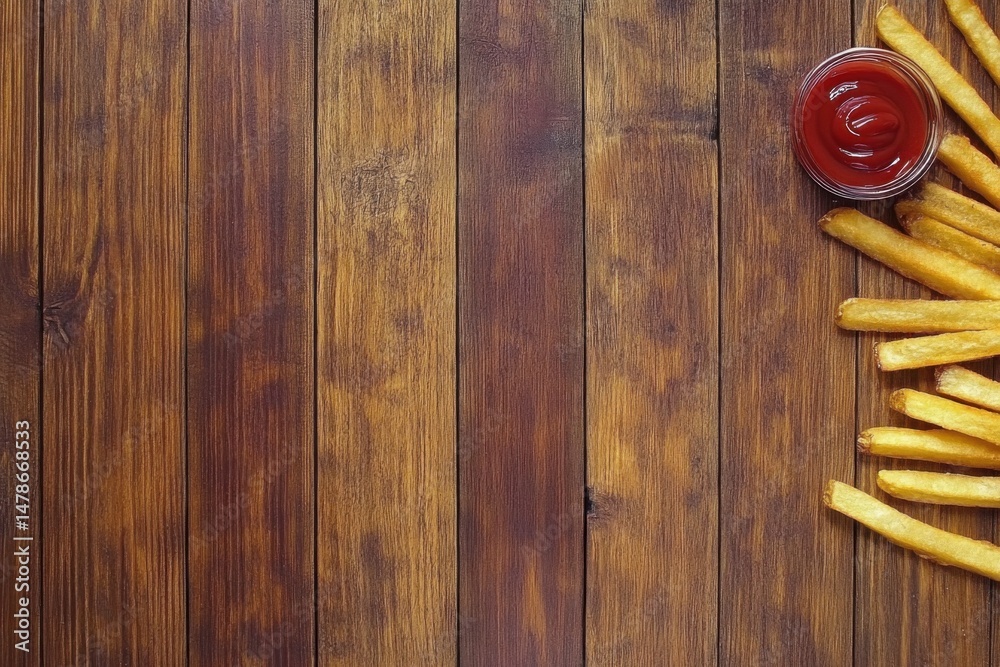 Fototapeta premium French Fries with Ketchup on Rustic Wood Table Still Life Top Down View Delicious Snack Meal Side Dish