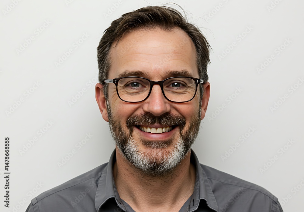 Obraz premium Smiling man with glasses and beard poses against a white background