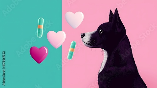 A black and white dog with hearts and capsules on a split pink and teal background.