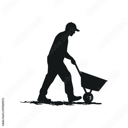 Worker pushing wheelbarrow silhouette