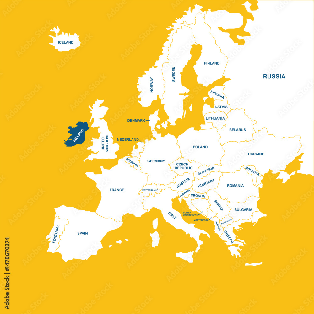 Obraz premium Irland vector map, Europe, vector map silhouette illustration isolated on Europe map. Editable blank vector map of Europe. 