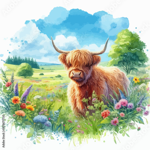 Highland cow in the meadow