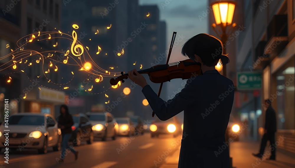 Fototapeta premium Silhouette of Violinist Playing Music on City Street at Twilight with Animated Notes