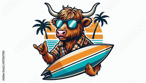 A highland cow surfer on the beach