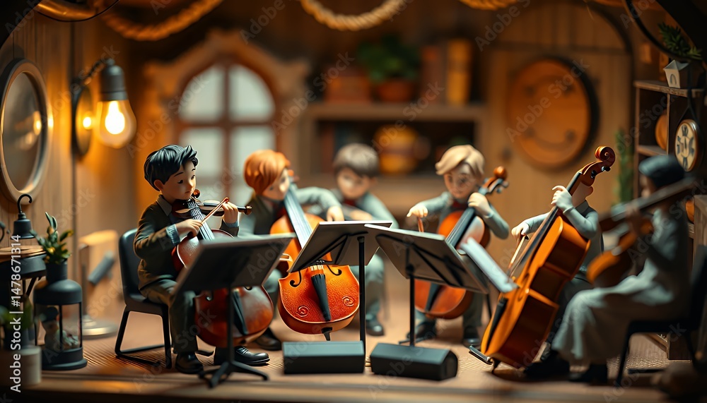 Fototapeta premium Warmly Lit Miniature Pixelated Orchestra Performing Cello Music in Wooden Room