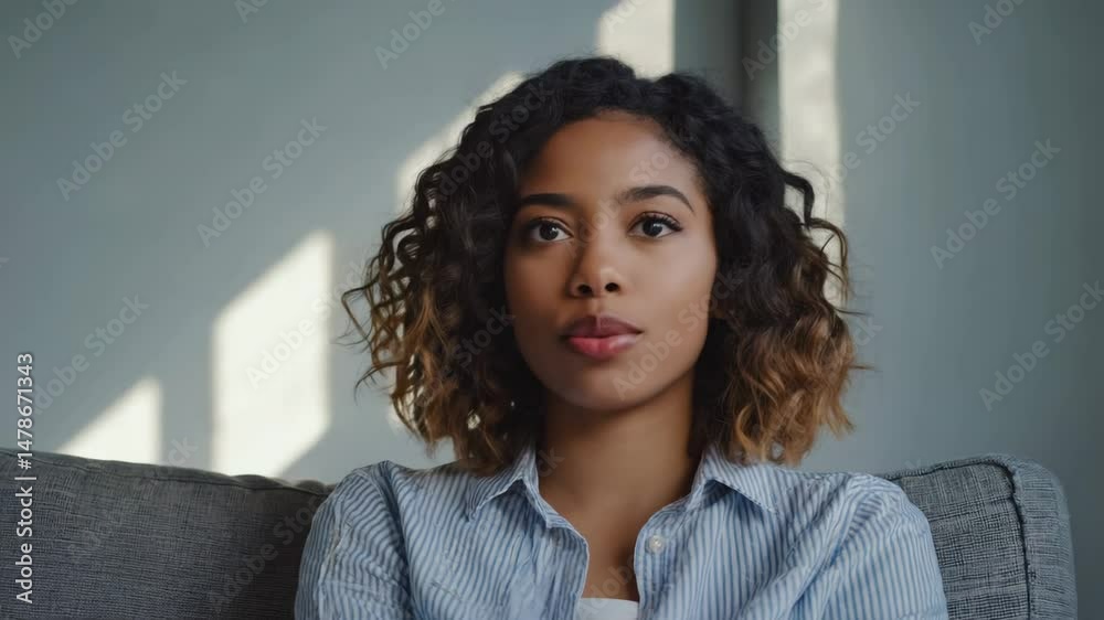 Woman speaking, thoughtful expression