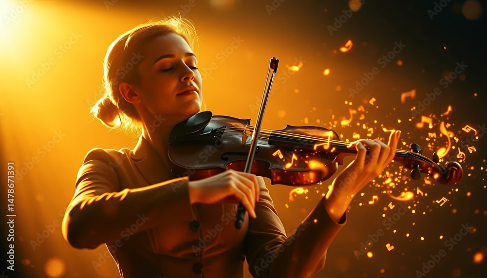 Fototapeta premium Young Woman Plays Violin Bathed in Golden Light with Floating Particle Effects on Dark Background