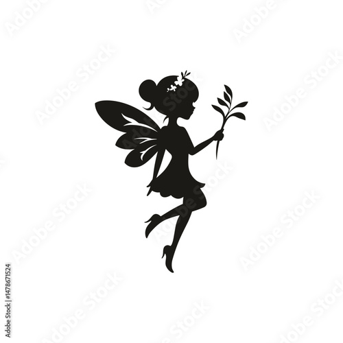 Fairy flying with flower in hand silhouette