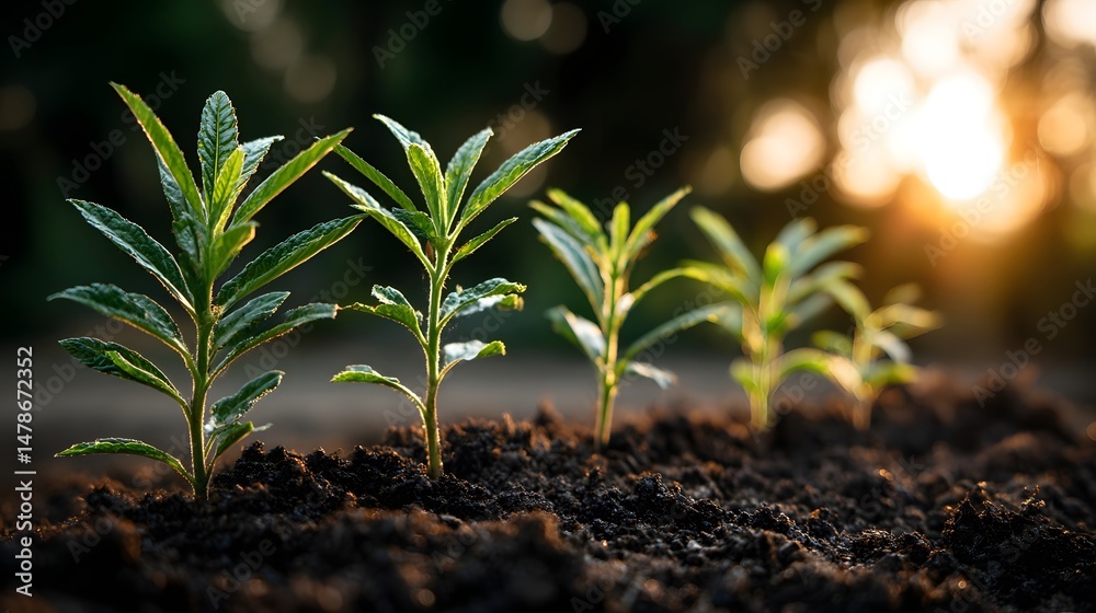 © Power Of Future - New saplings emerging from rich soil in a lush forest under natural sunlight and greenery