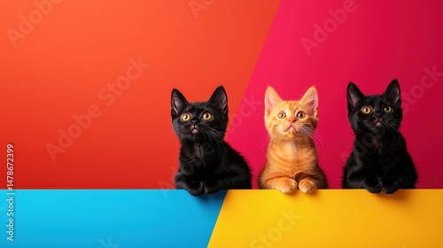 Cat muscles with powerful concept. Three playful kittens in vibrant colors against a bold geometric background.