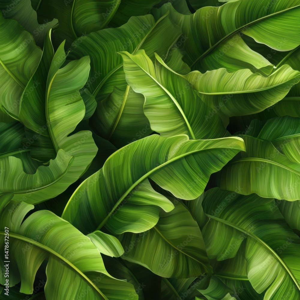 Fototapeta premium Dense Lush Banana Leaves Background Close Up Tropical Foliage Pattern Fresh Greenery Botanical Illustration Exotic Jungle Flora