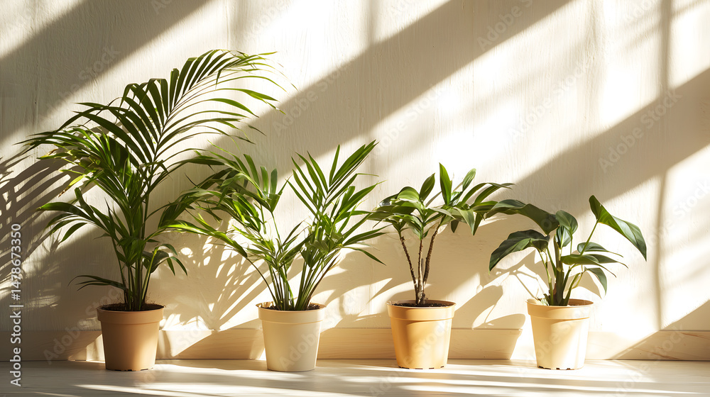 Fototapeta premium Potted plants casting diffused shadows on wall indoor space photography bright environment close-up aesthetic appeal