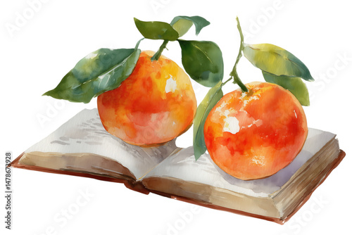 Watercolor Painting of Two Fruits on an Open Book with Leaves with a transparent background