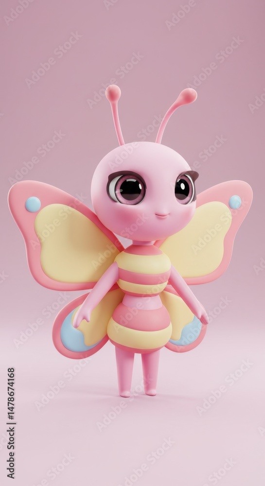 Obraz premium Adorable 3D Render of a Cute Pink Butterfly Character Design A whimsical digital art creation showcasing a charming insect with large eyes and pastel wings.