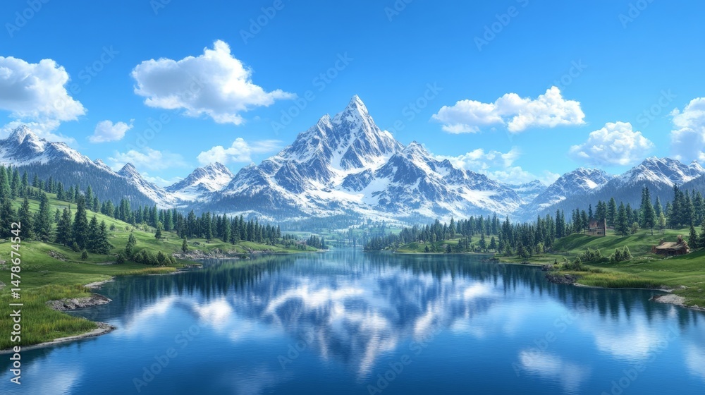 Realistic Scenic View of Rivers and Mountains Under Blue Sky Realistic Scenic View of Rivers and Mountains Under Blue Sky