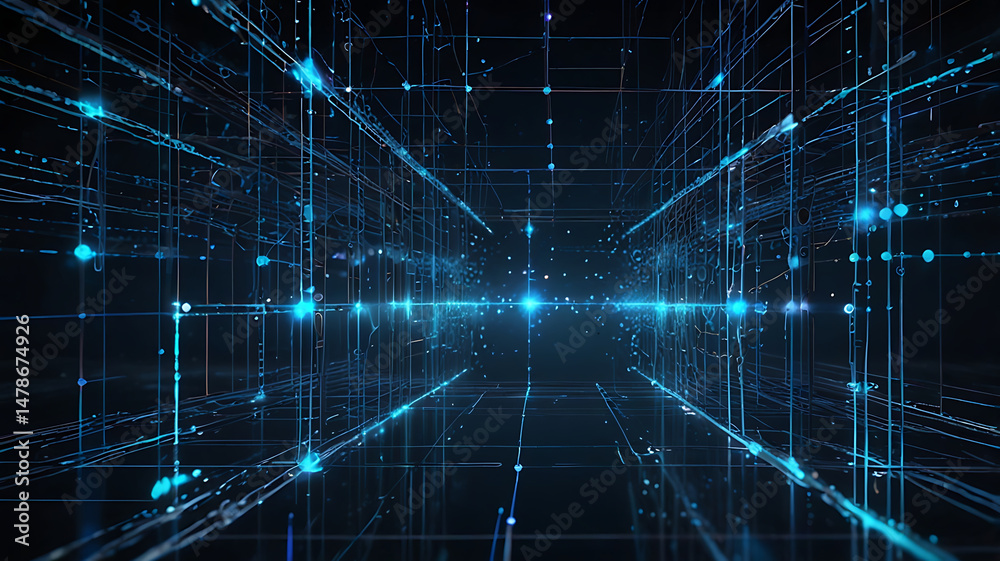 Obraz premium 3D Digital Network Grid Structure with Glowing Connection Points
