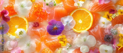 Artistic Still Life of Salmon Sashimi Orange Slices and Edible Flowers Overhead Shot Food Photography