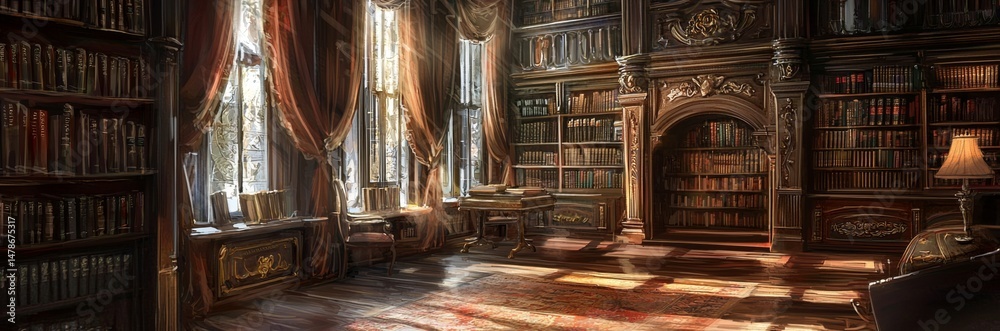 The charm of a classic library featuring endless rows of books on shelves. 