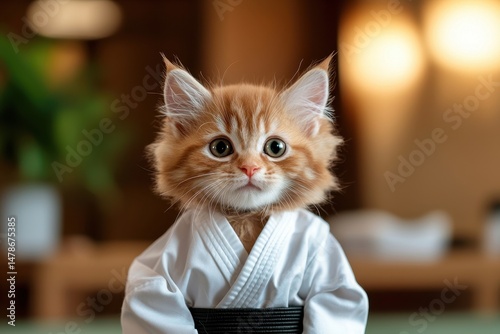 Cat muscles with powerful concept. A cute kitten dressed in a kimono, posing adorably in a cozy setting.