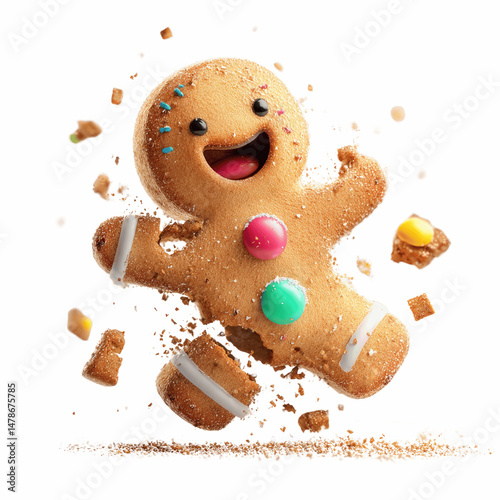 Joyful Gingerbread Man Crumbling in Mid-Air