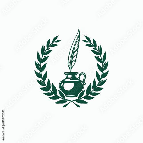 Classic Ink Pot and Quill with Laurel Wreath, Symbol of Literary Excellence, Green Elegant Design, Minimalist Scholarly Vector Illustration