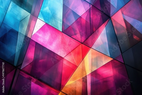 Abstract geometric pattern of colorful glass panels creating a vibrant, multifaceted design.