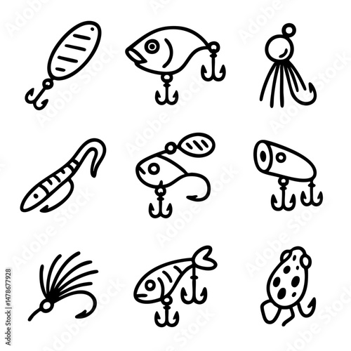 A set of doodle line icons featuring various fishing lures and baits, including hooks, fish-shaped lures, spinners, and soft plastics