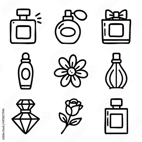 A set of doodle line icons featuring various perfume bottles, floral elements, and decorative fragrance containers for beauty or cosmetic themes