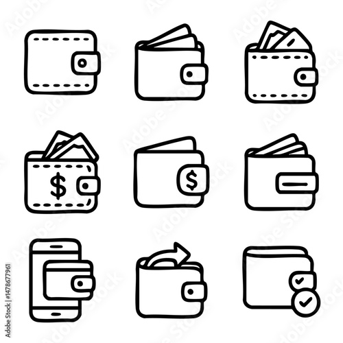 A set of doodle line icons showing wallets with money, digital wallets, payment methods, and financial transactions in various styles