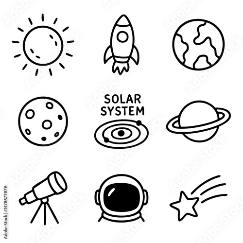A set of doodle line icons featuring space elements including planets, sun, moon, rocket, astronaut, telescope, and solar system diagram
