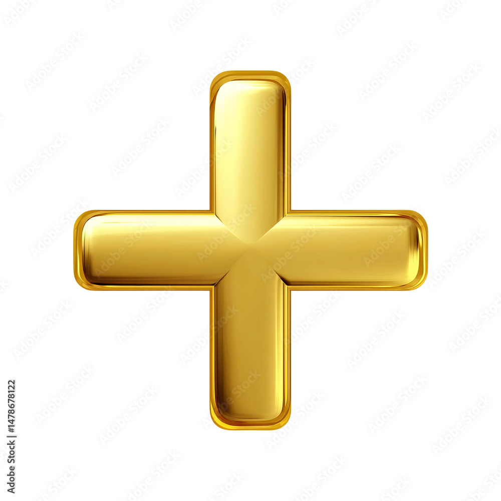 Obraz premium Golden plus sign symbol on white background