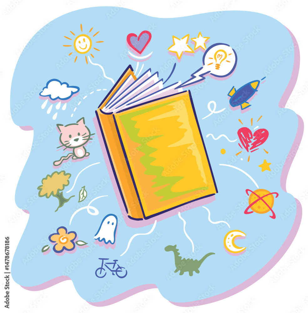 Naklejka premium Cartoon style storybook illustration with fantasy elements bursting out of the pages.