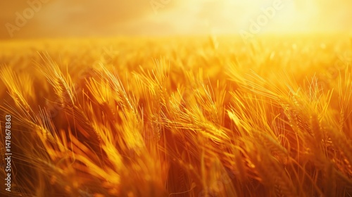 Golden wheat field at sunset with a dramatic sky. Abstract artwork of golden rive field or wheat field landscape or farm in harvest season at sunset. Landscape photo. Farming and harvesting. AIG51.