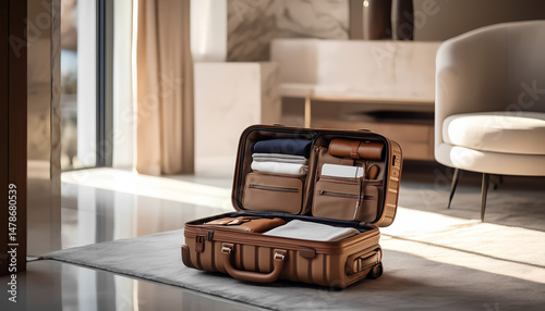 Open premium suitcase on the floor of a designer apartment, neatly packed items inside