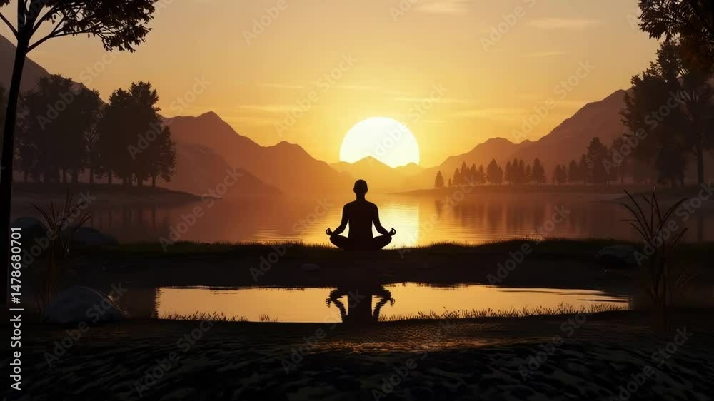 Silhouette meditating at sunrise over lake with mountain backdrop for wellness concept Silhouette meditating at sunrise over lake with mountain backdrop for wellness concept