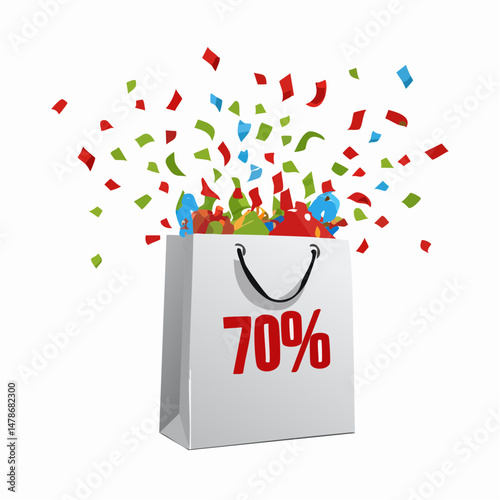 Shopping Bag with 70% Discount and Falling Confetti – Celebration of Big Sale Event

