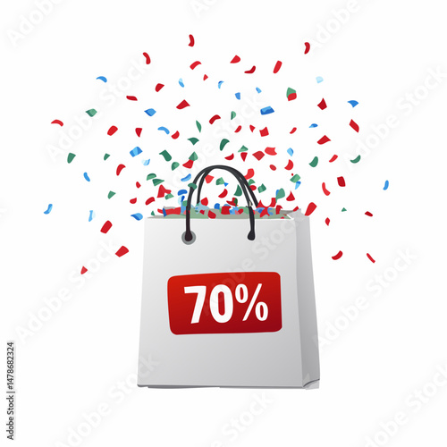 Shopping Bag with 70% Discount and Falling Confetti – Celebration of Big Sale Event

