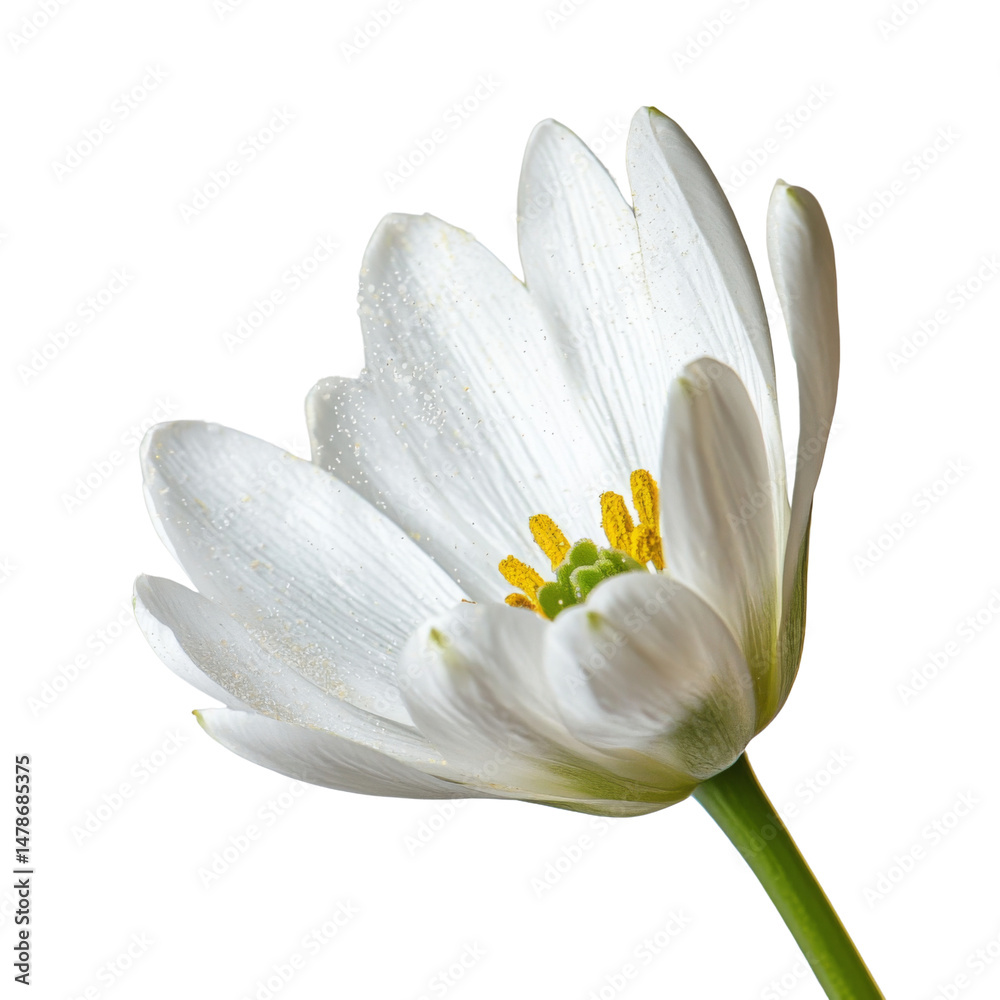 Fototapeta premium close up of delicate white flower with yellow stamens, showcasing its intricate petals and natural beauty. flower stands out against transparency background, emphasizing its elegance and detail