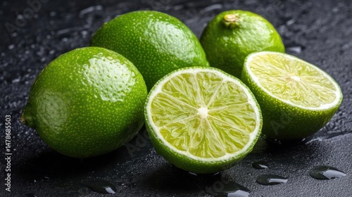 Fresh limes with cut halves on a dark surface.