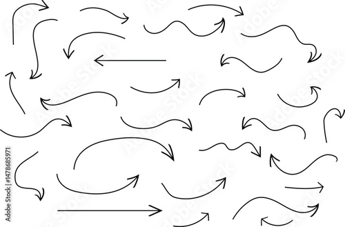 set of black thin line curve arrow. hand drawn direction arrow vector illustration.