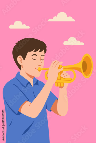 Flat illustration of a young man playing the trumpet.