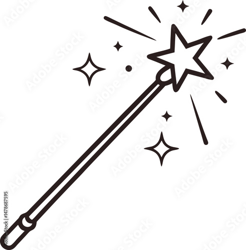"Line drawing of a magic wand with sparkles, symbol of magic or entertainment vector illustration on transparent background."
