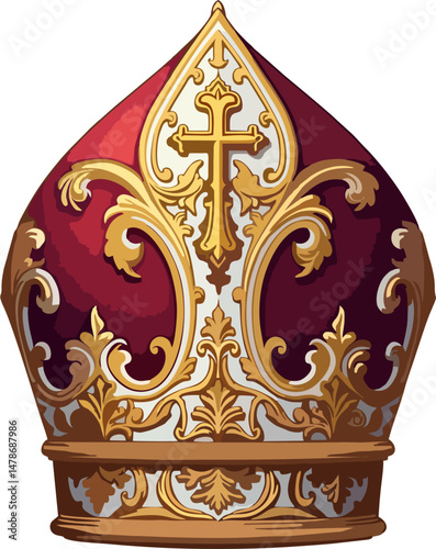 Royal Papal Mitre with Gold Cross and Red Velvet Background – Ornate Religious Bishop Hat Vector Illustration