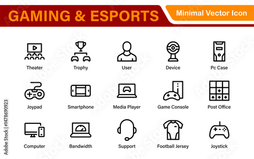 Esports Gaming Icon Pack – Modern Outline, Vector, and Line Art Illustrations for Tournaments, Teams, Players, Games, and Digital Design
